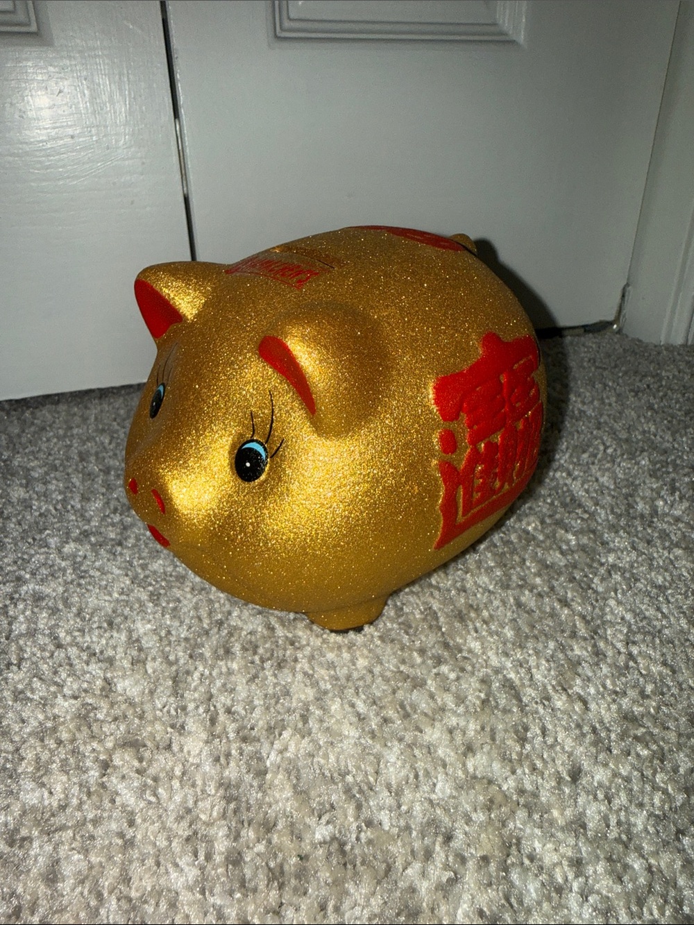 Gold Glittery Japanese Style Ceramic Piggy Bank with Red Accents